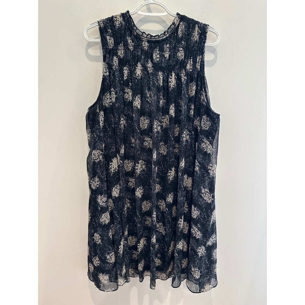 Joie Baltic Print Smocked Neck Sleeveless dress black grey Floral XL